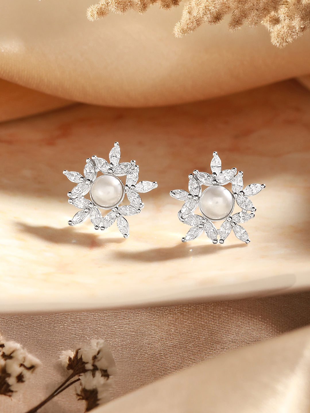 925 Sterling Silver Zircon & Pearl Embellished Minimal  Floral Studds Earrings